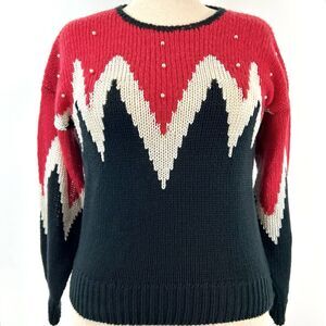 Vintage Maggie Lawrence Sweater Women's Med Black Red Grandma Pearls Festive 80s
